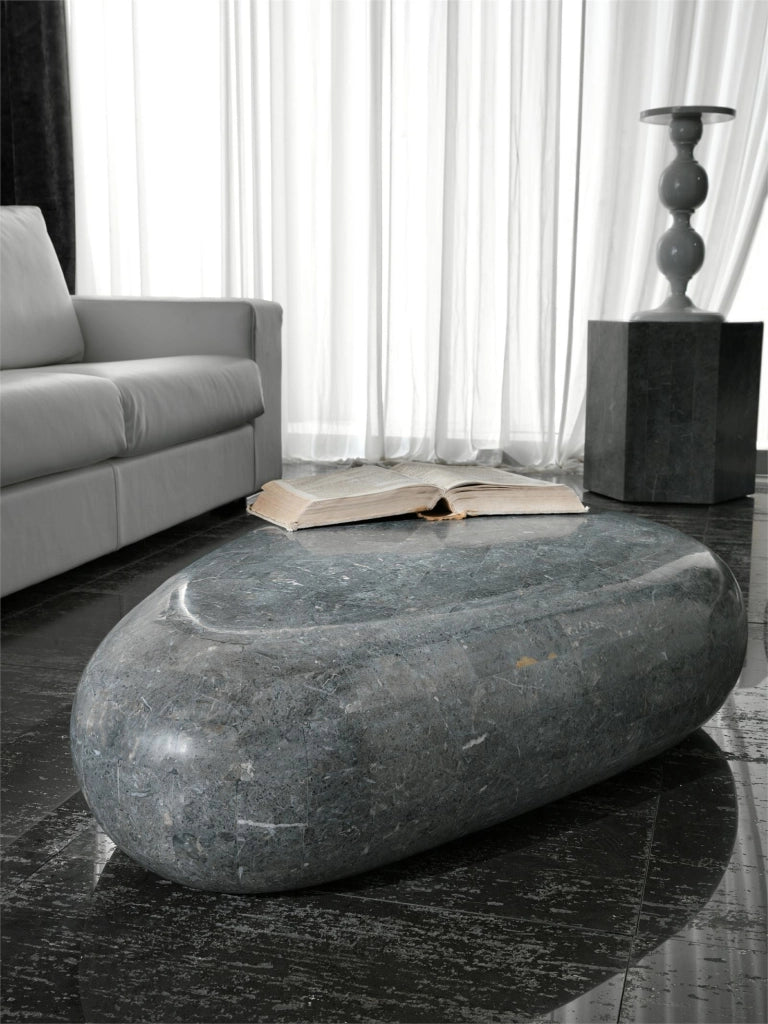 Tavolino Sasso Medium in Pietra Fossile Gray Stone e Compensato Marino 98x52x27 cm - Design Elegante con Finitura Grigio Raffinato