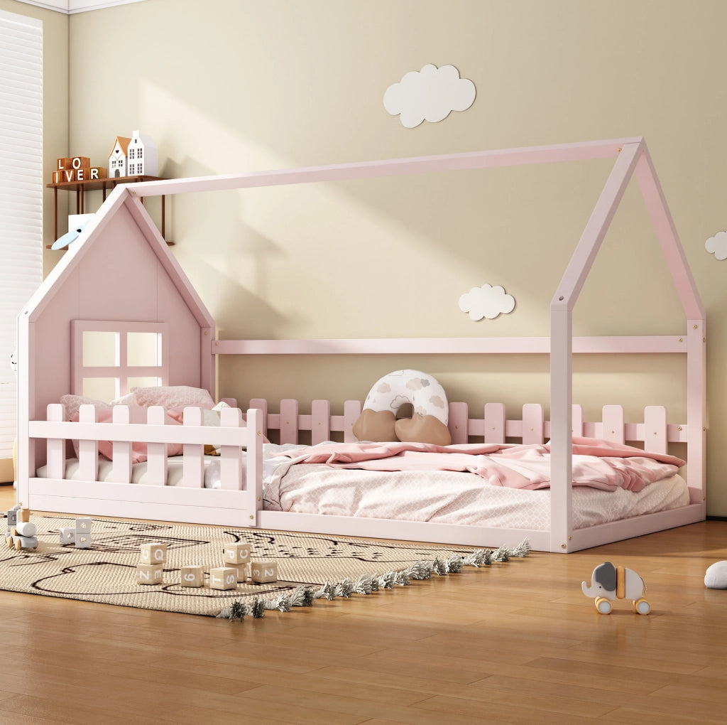 Letto per bambini a casetta rosa 90 x 200 cm in pino e MDF