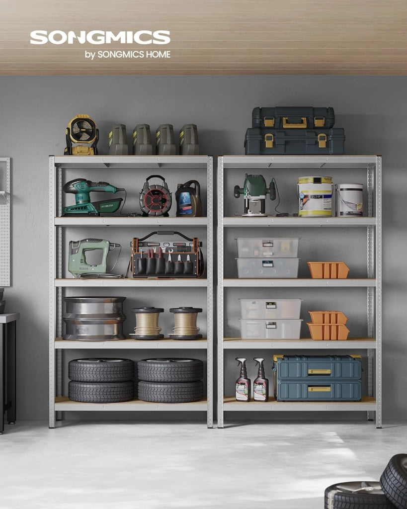 SONGMICS Scaffalatura a 5 Ripiani, Scaffale in Acciaio, Montaggio Senza Viti, Utensili, Strumenti in Garage, Magazzino, Ripostiglio, Portante 750 kg, 60 x 120 x 200 cm, Argento GLR060E01