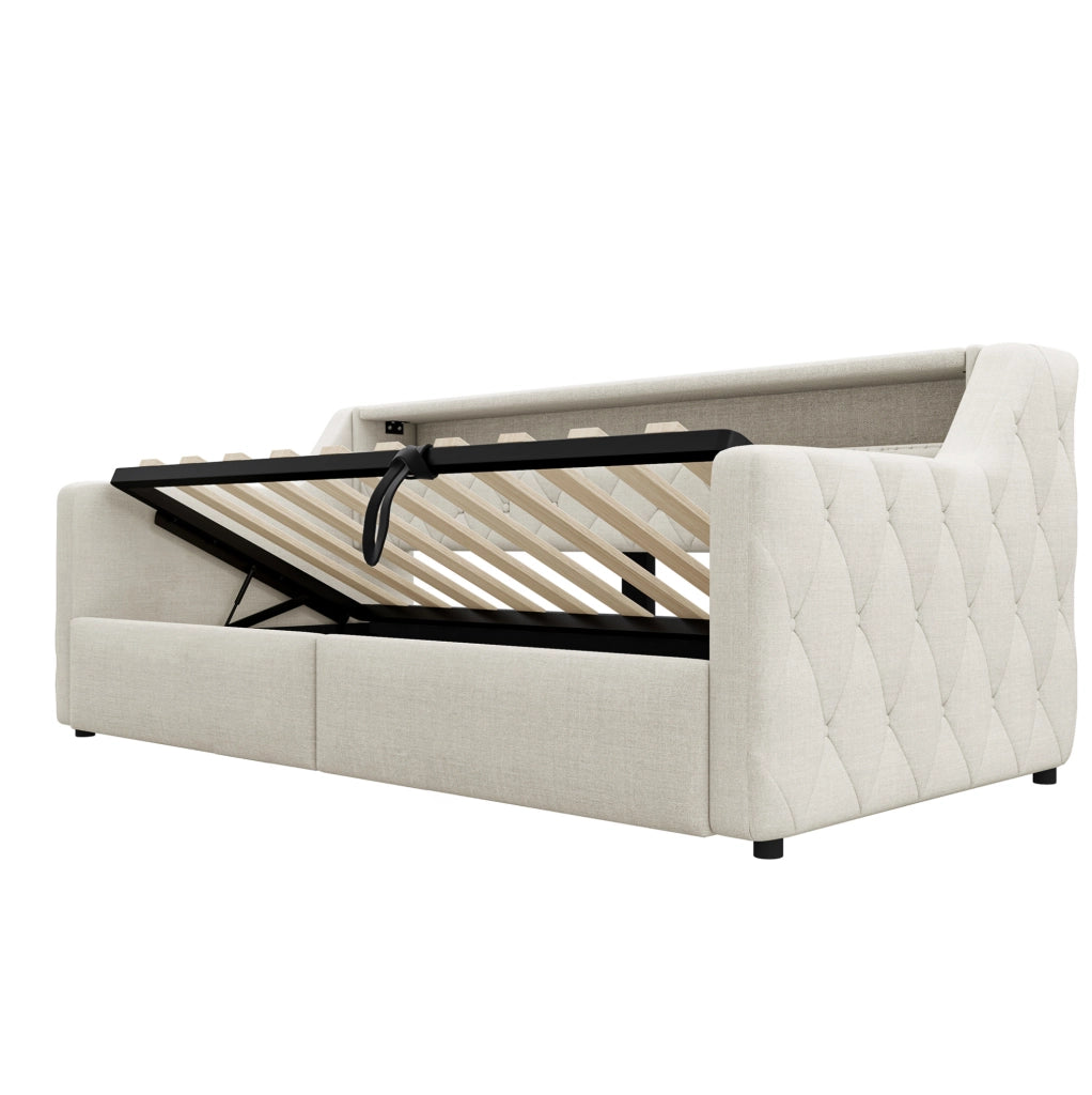 Daybed 90x200 cm con illuminazione LED; vano contenitore idraulico; USB e USB-C; in lino beige