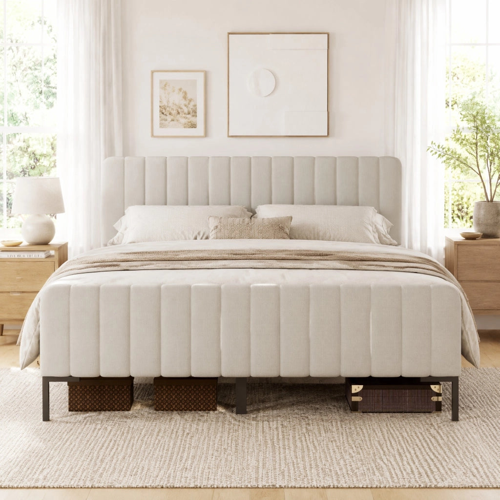Letto imbottito matrimoniale 180x200 cm, testiera regolabile, struttura in legno e metallo, grigio-beige