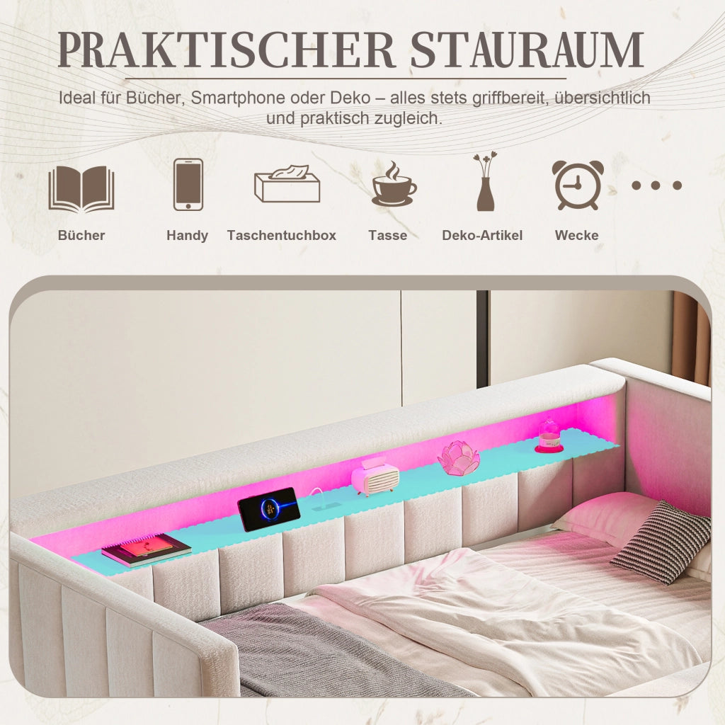 LETTO Estraibile 90x190 cm in velluto Beige con LED e USB-Type-C