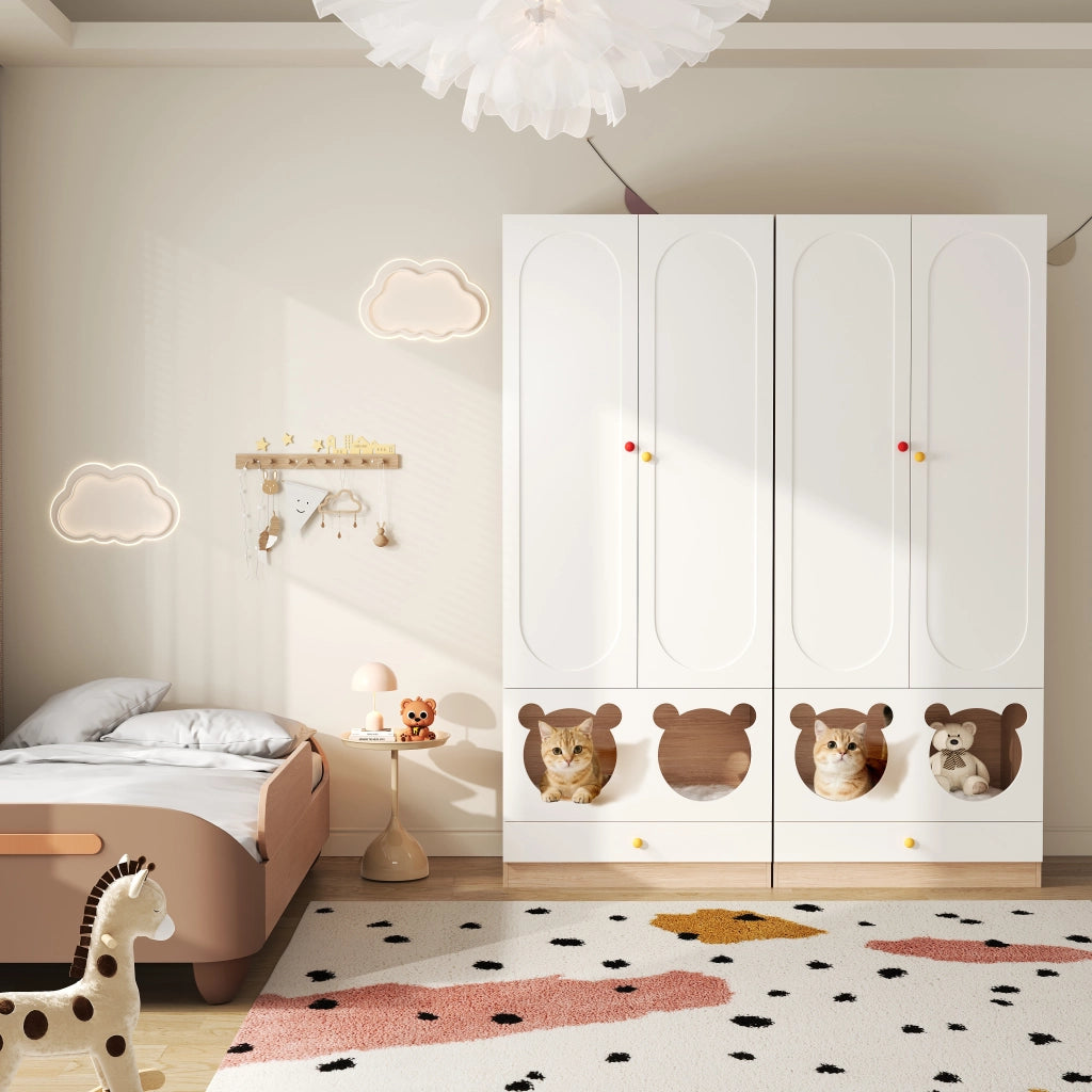 Armadio a 2 ante con asta appendiabiti e cassetti, per camera dei bambini, in MDF, bianco naturale, 80 × 50 × 200 cm
