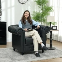 Poltrona da Salotto Stile Chesterfield in Finta Pelle PU con Gambe in Legno, Nero