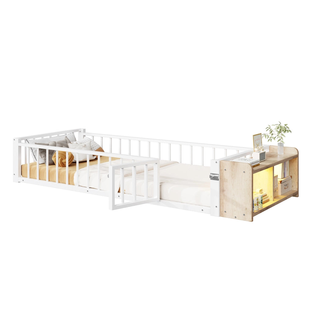 Letto 90x200 cm con sponda; vano portaoggetti e LED in MDF e metallo bianco