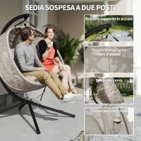 Poltrona Sospesa 2 Posti con 2 Tasche, 2 Cuscini e Cesto Pieghevole, 130x103x172 cm