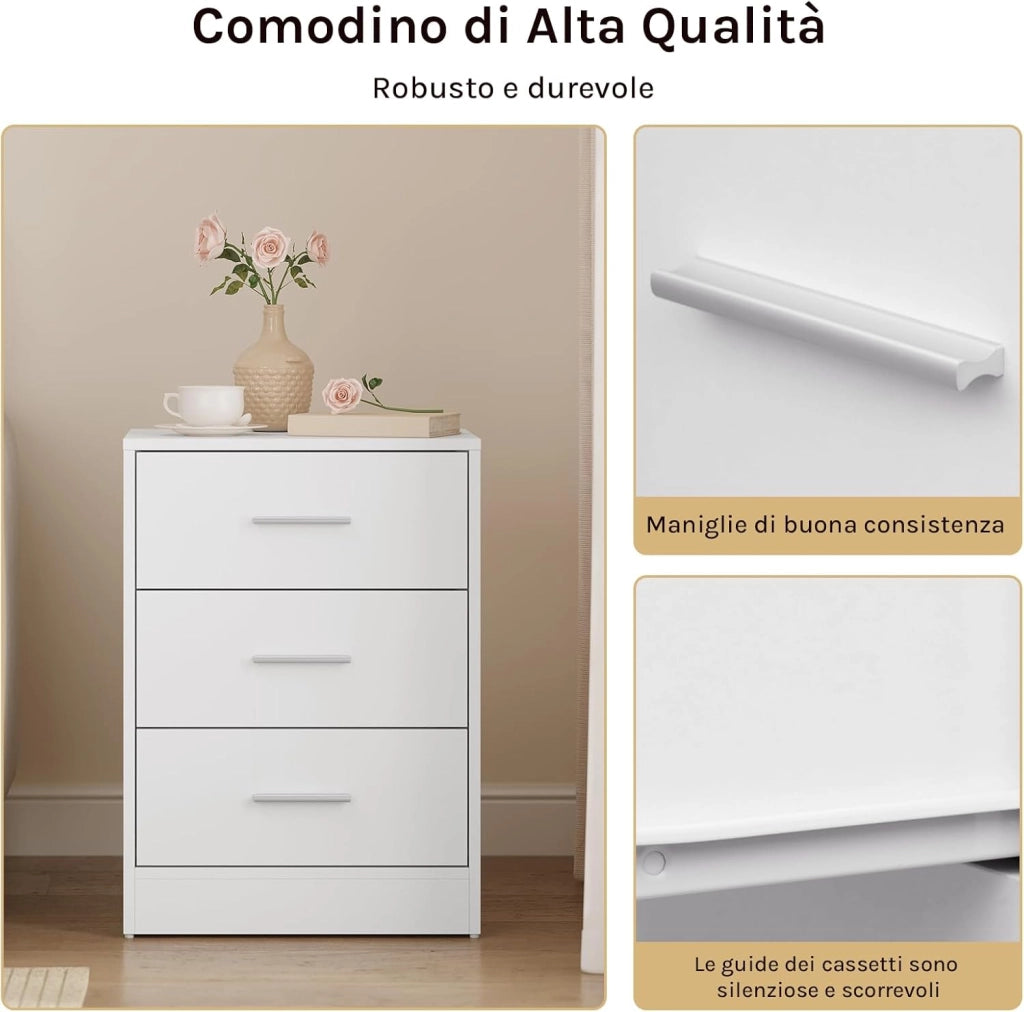 Set di 2 Comodini Moderni con 3 Cassetti, Grande Capacità, Tavolino da Letto per Camera da Letto, Soggiorno e Ufficio, 39x28x54cm, Bianco, NTS26hei-2