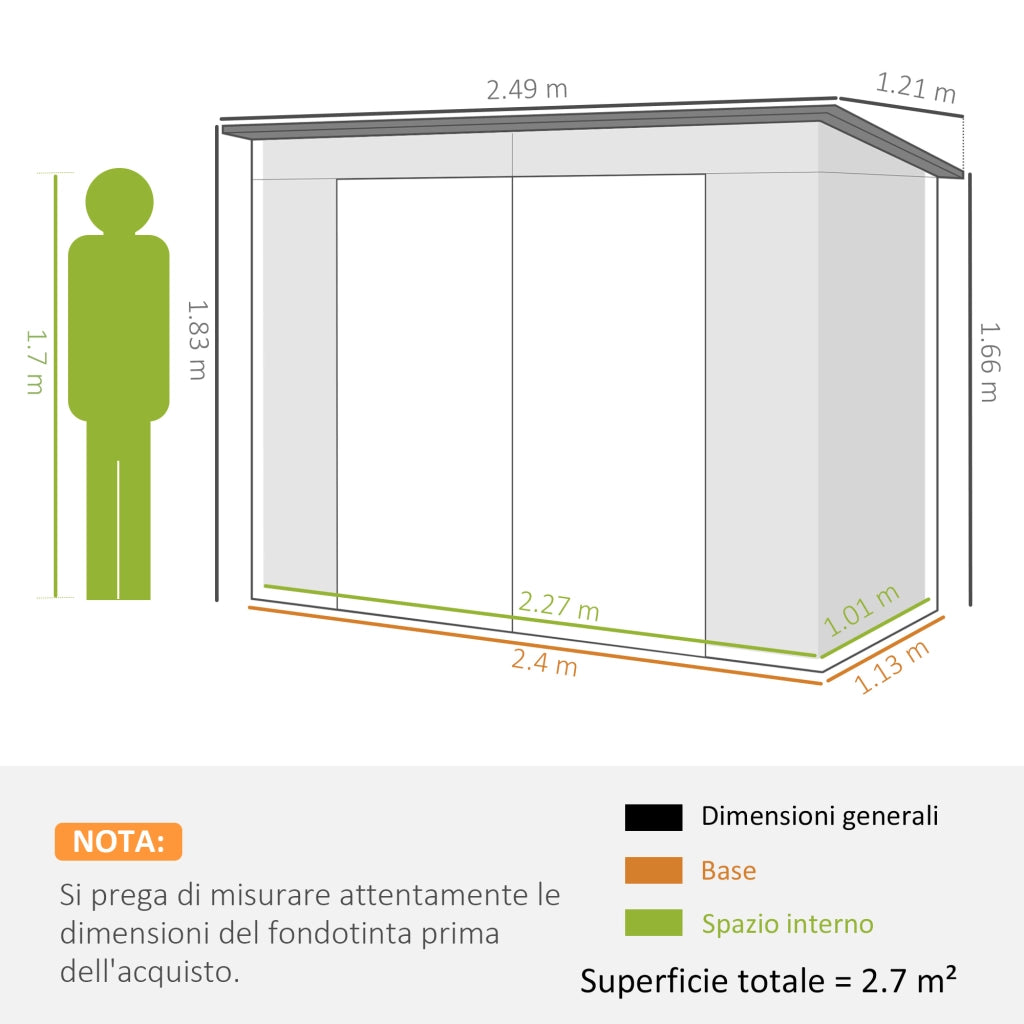 Capanno Porta Attrezzi con 2 Prese d'Aria e Chiavistello, in Acciaio, 249x121x183 cm, Grigio Chiaro