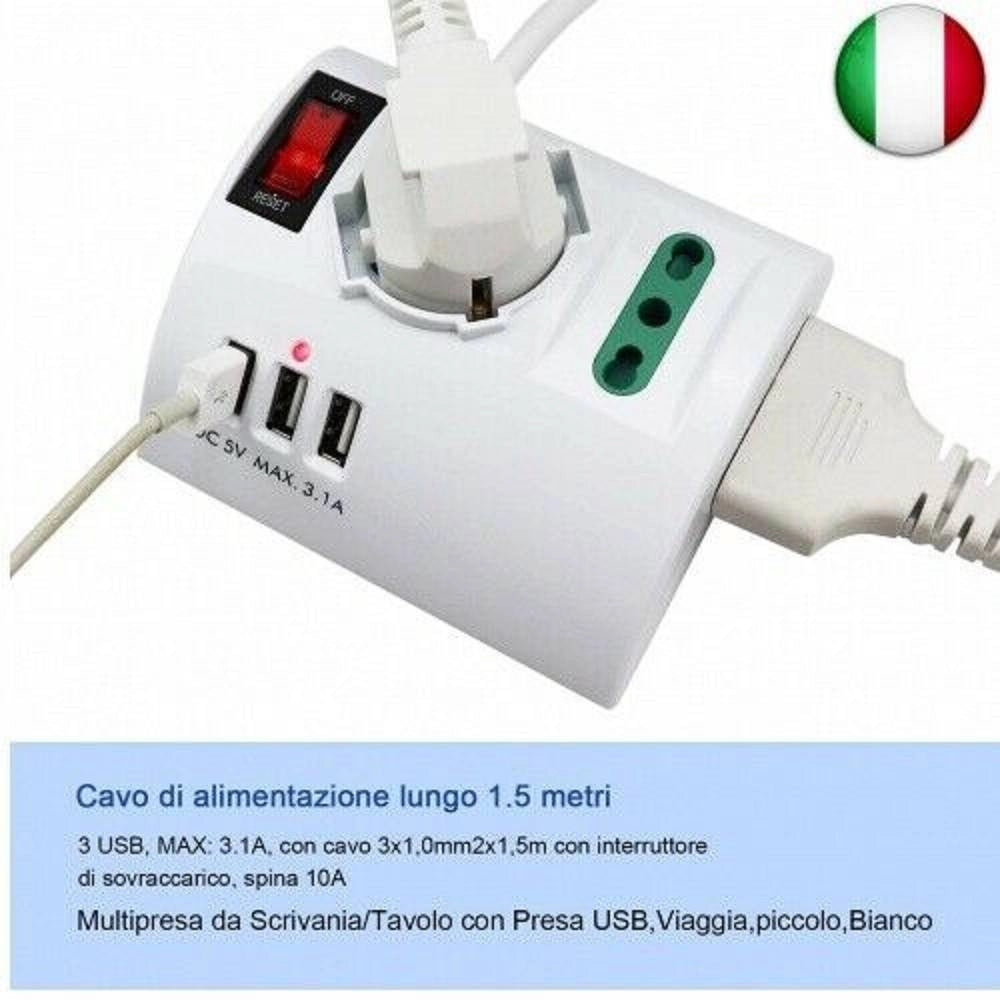 Trade Shop - Multipresa Elettrica Da Scrivania Tavolo Con 3 Presa 3 Usb Bianco Shuko Bipasso -