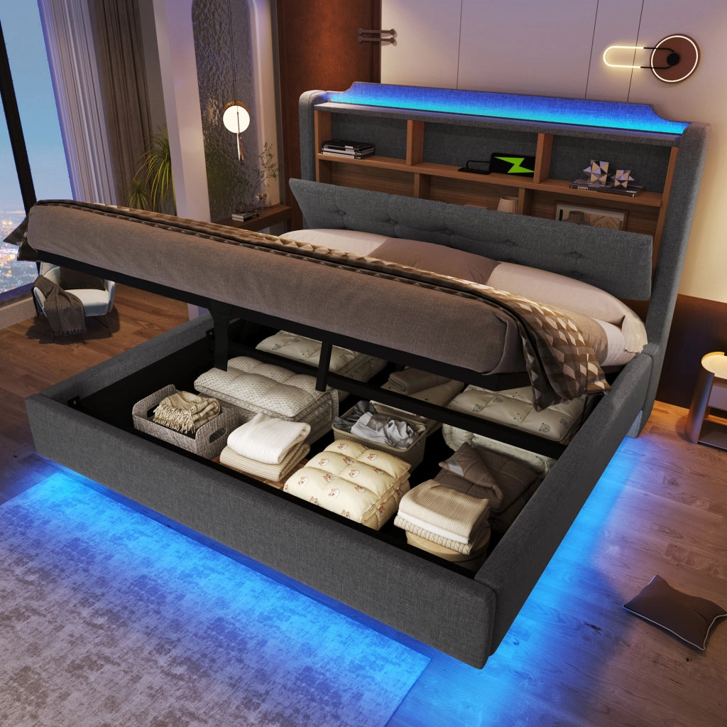 Letto imbottito 140x200 cm con LED e contenitore idraulico