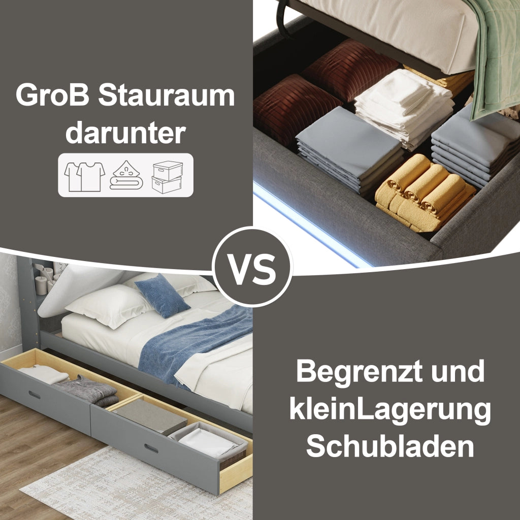 DESMIU Letto contenitore Letto singolo 90 × 200 cm con USB, Type-C, LED e tasche portaoggetti, senza materasso, grigio