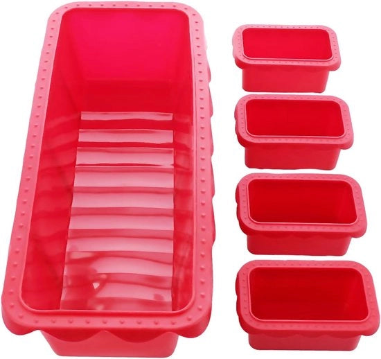 Set di 5 forme per torte in silicone, rettangolari, rosse, 1 x 31 x 13 cm e 4 x 9 x 5,5 cm forme in silicone per torte grandi e piccole, inclusi 4 ricette