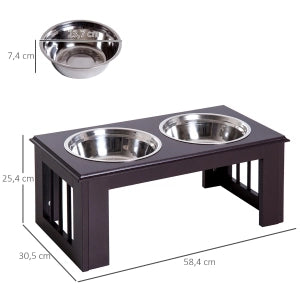 Portaciotole rialzato con due ciotole in acciaio inox per acqua e cibo colore espresso 58,4 × 30,5 × 25,4 cm