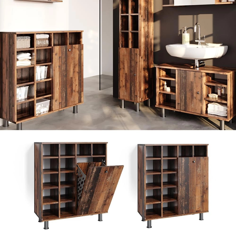 Armadietto da bagno con portabiancheria Fynn, Rovere rustico, 78.4 x 91.6 cm, con cestini per una conservazione organizzata in bagno