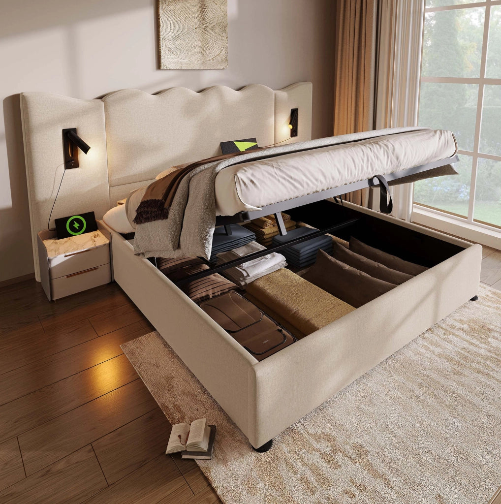 Letto matrimoniale imbottito 180x200 cm in lino beige con lampada da lettura e porta USB/Type-C; contenitore