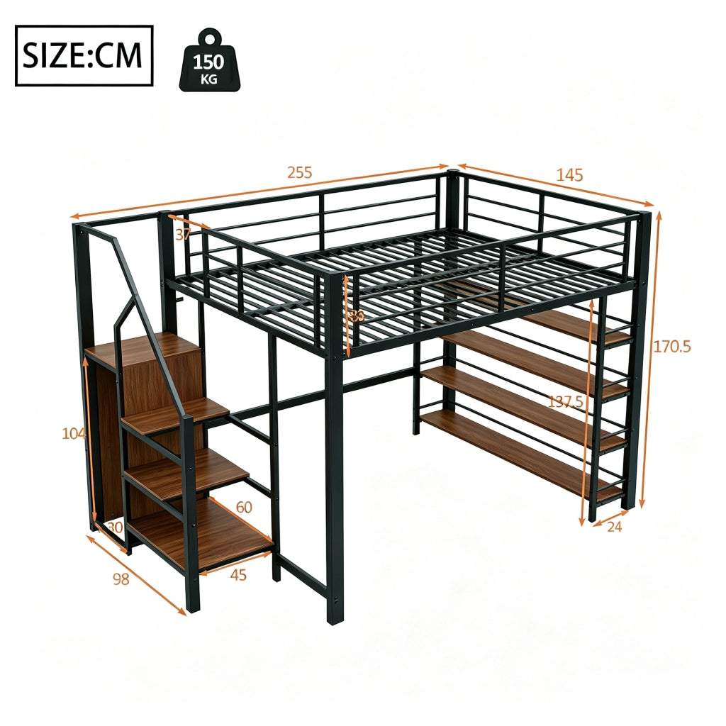 LETTO a soppalco 140x200 cm in metallo nero con scala contenitore e armadietto
