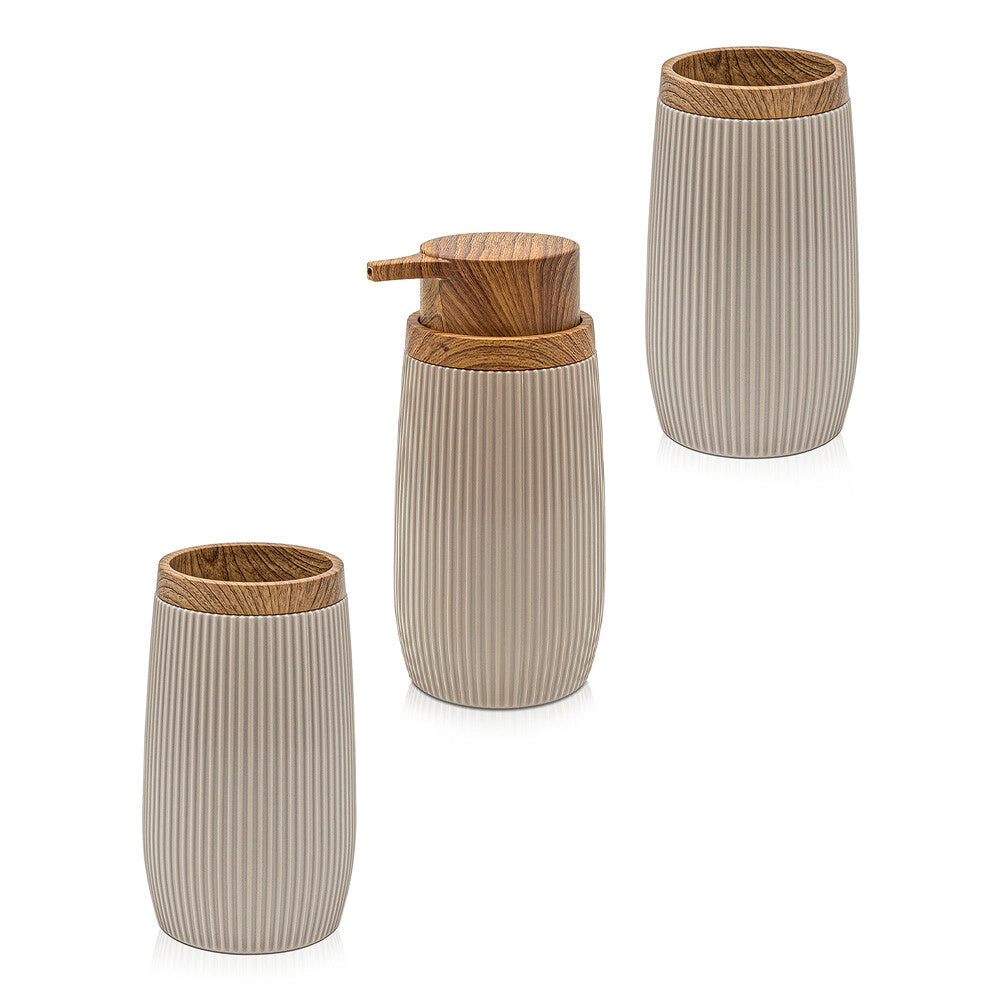 Set accessori bagno in plastica tortora con dispenser sapone e due portaspazzolini Blob