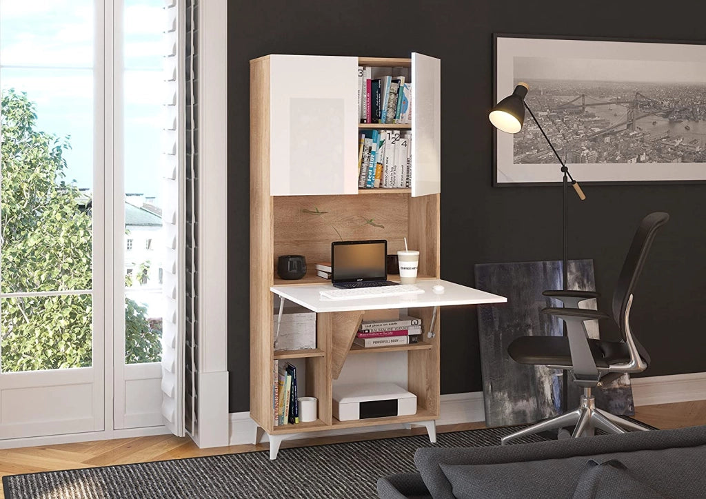 MOBILE SCRIVANIA COMPUTER LIBRERIA MEGAN H175x80x36cm BIANCO LUCIDO ROVERE