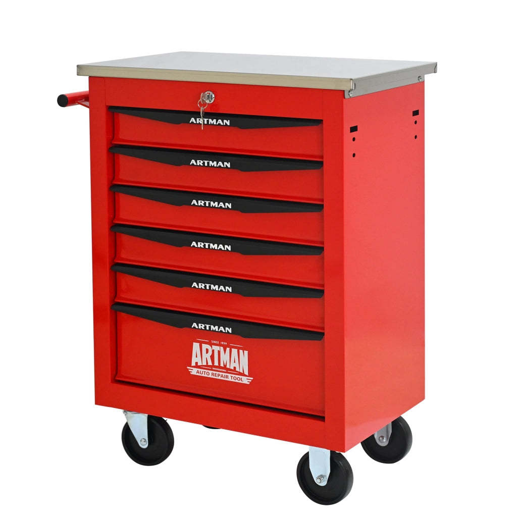 Carrello portautensili con 6 cassetti e ruote, chiudibile, in acciaio, per garage e officina, rosso nero, 62,5 × 34,5 × 78 cm