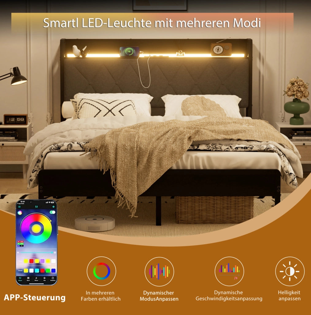 Letto matrimoniale per materasso 140x190 cm con testiera LED e USB; nero/grigio
