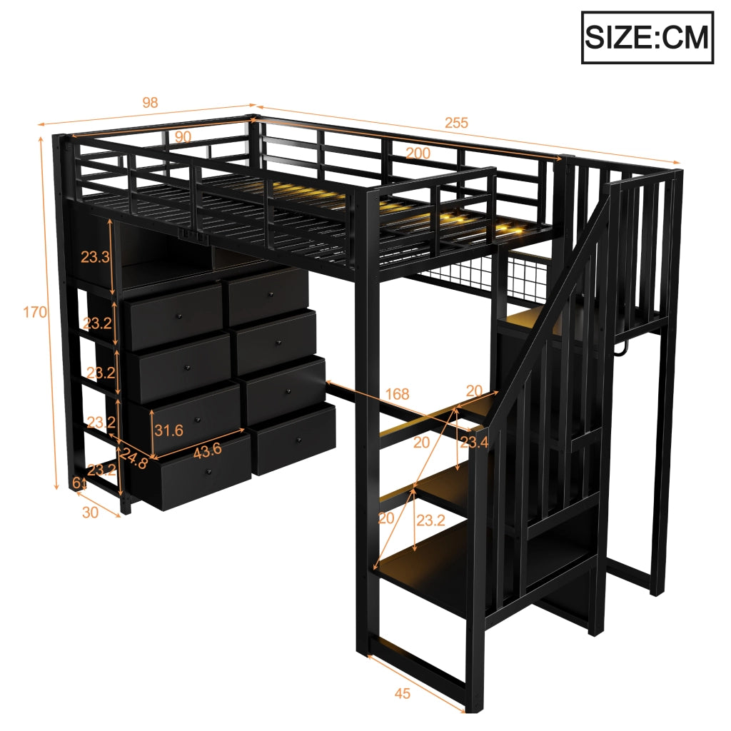 Letto a soppalco 90x200 cm con 8 cassetti e LED in MDF e metallo nero