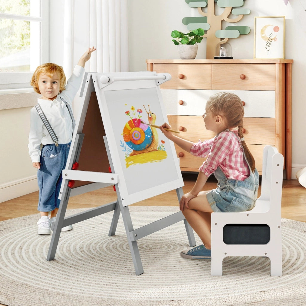 Cavalletto artistico doppia faccia per bambini con sedia contenitore, Cavalletto da disegno regolabile in altezza Grigio-Cavalletti e lavagne bambini