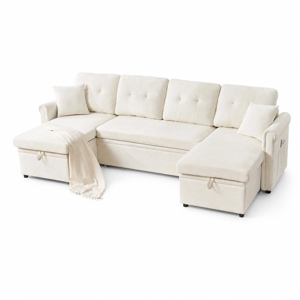 Divano angolare a U trasformabile con contenitore in ciniglia beige
