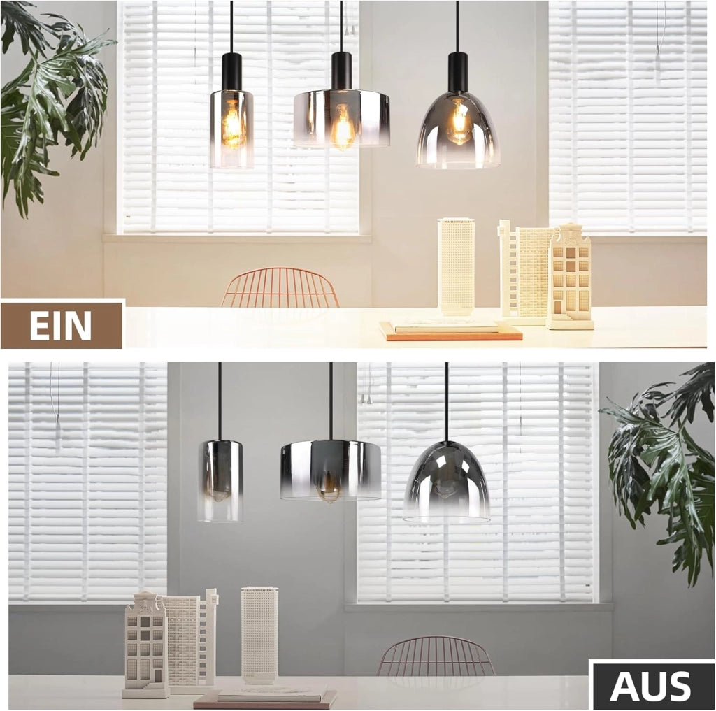Lampada a sospensione ZMH per sala da pranzo 3 fiamme E27 grigio fumo 180CM Lampada a sospensione per scale