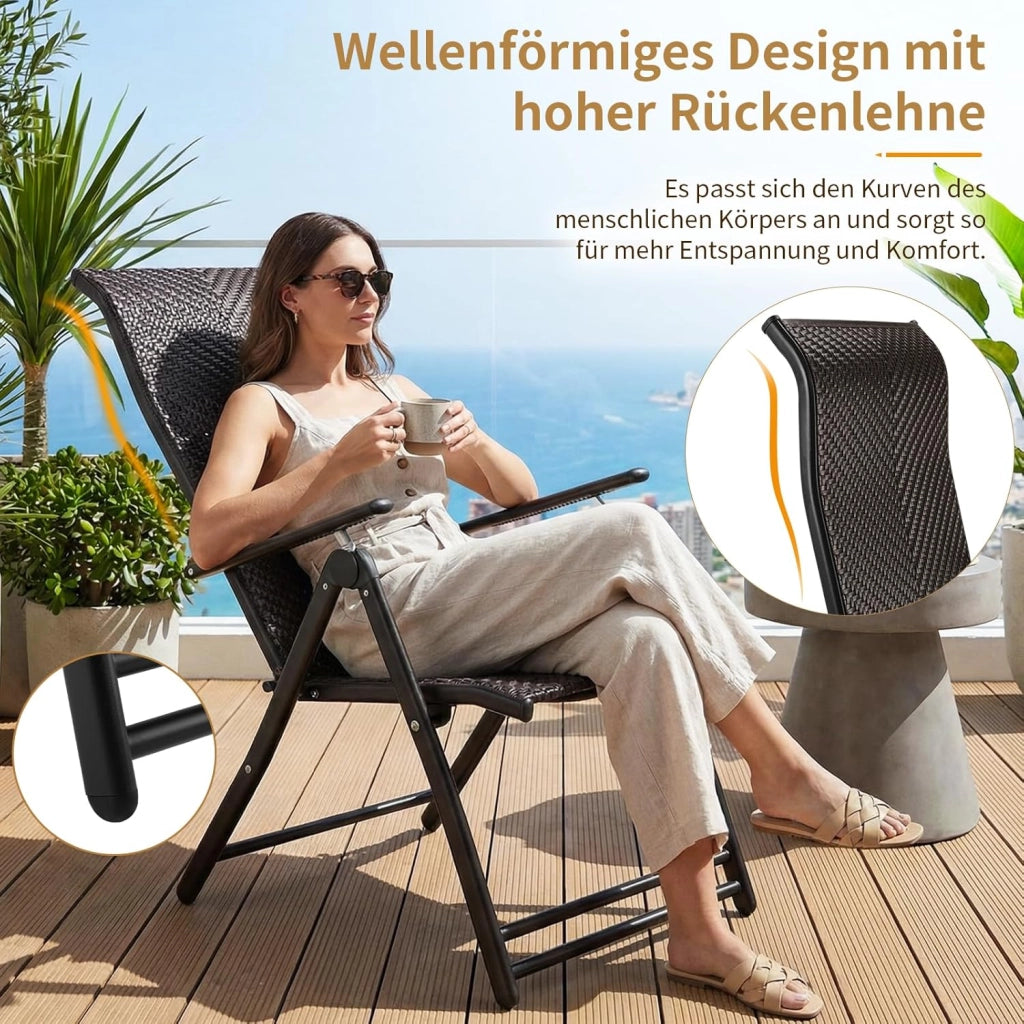 Sedia a sdraio in rattan, con schienale regolabile in 7 posizioni, sedia pieghevole resistente alle intemperie, traspirante, per balcone, giardino e terrazza