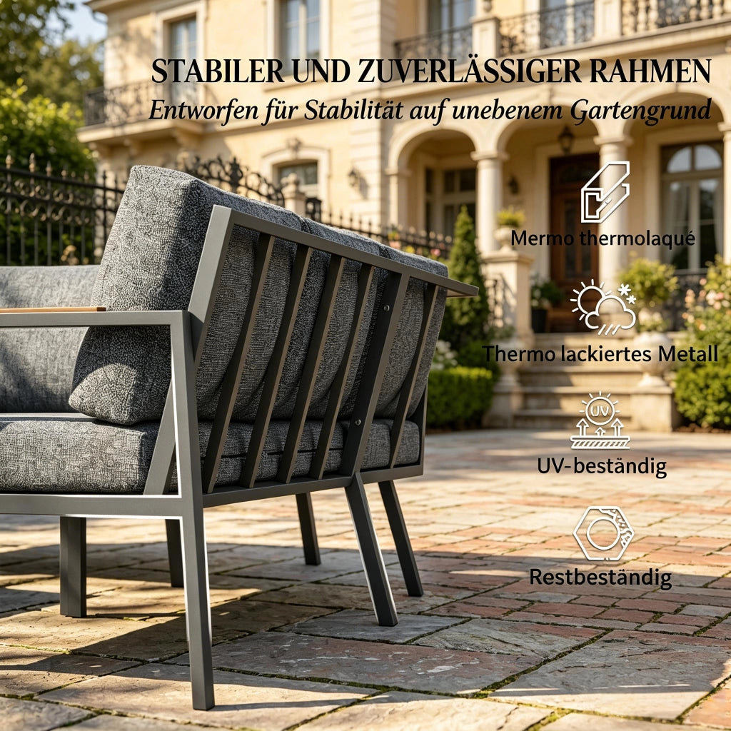 Set lounge da giardino a 5 posti in metallo e vetro grigio scuro con divano a L e tavolino