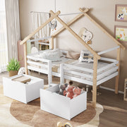 OKWISH Letto a Casetta 90×200 cm, Letto Singolo con Scala, 2 Contenitori con Ruote e Sponda su 4 Lati, senza Materasso, Bianco Naturale