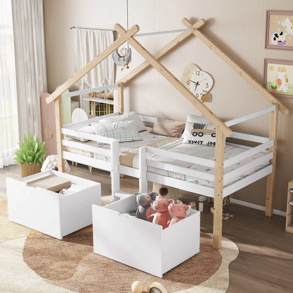 OKWISH Letto a Casetta 90×200 cm, Letto Singolo con Scala, 2 Contenitori con Ruote e Sponda su 4 Lati, senza Materasso, Bianco Naturale