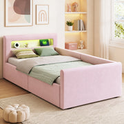 Letto imbottito per bambini 90x200 cm in velluto rosa con LED; luce notturna; USB e contenitore