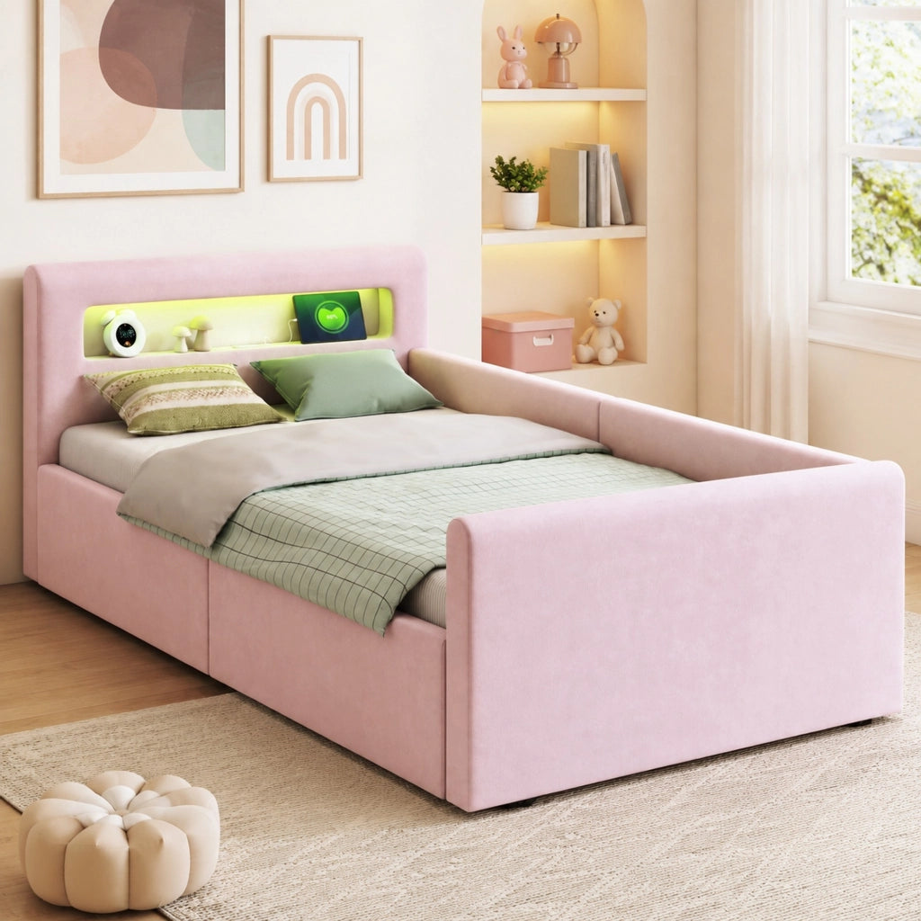 Letto imbottito per bambini 90x200 cm in velluto rosa con LED; luce notturna; USB e contenitore