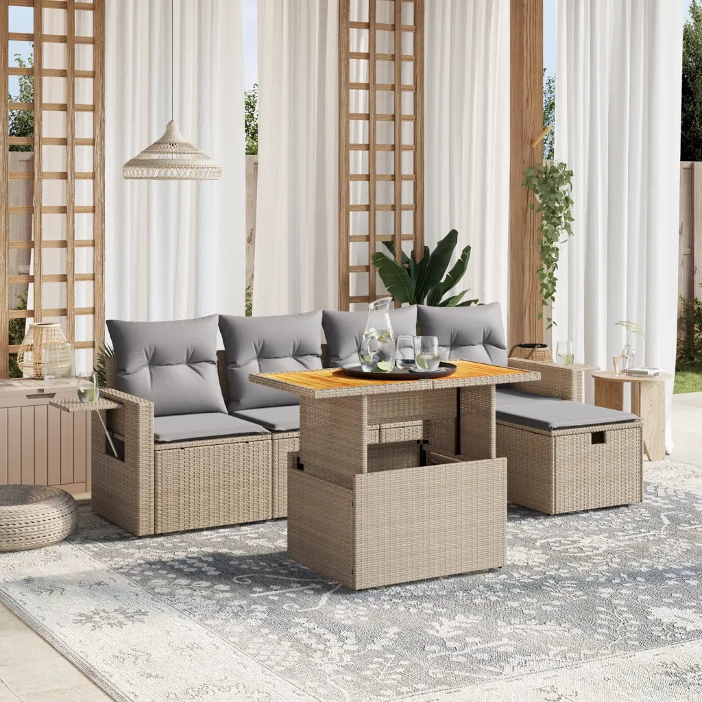 Set Divano da Giardino 6 pz con Cuscini Beige in Polyrattan