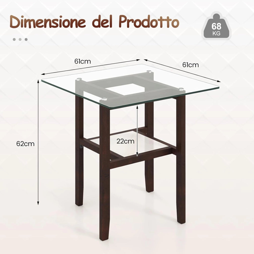 Tavolino Quadrato in Vetro, Tavolino Laterale con 2 Ripiani e Struttura in Legno di Gomma, Tavolo Moderno per Soggiorno, Casa e Ufficio, 61 x 61 x 62,5 cm