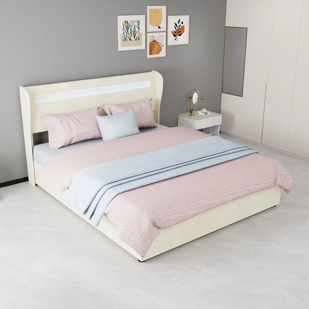 Letto Contenitore Imbottito con Testiera LED ¨C MINIMAL ¨C Velluto Beige 160x200