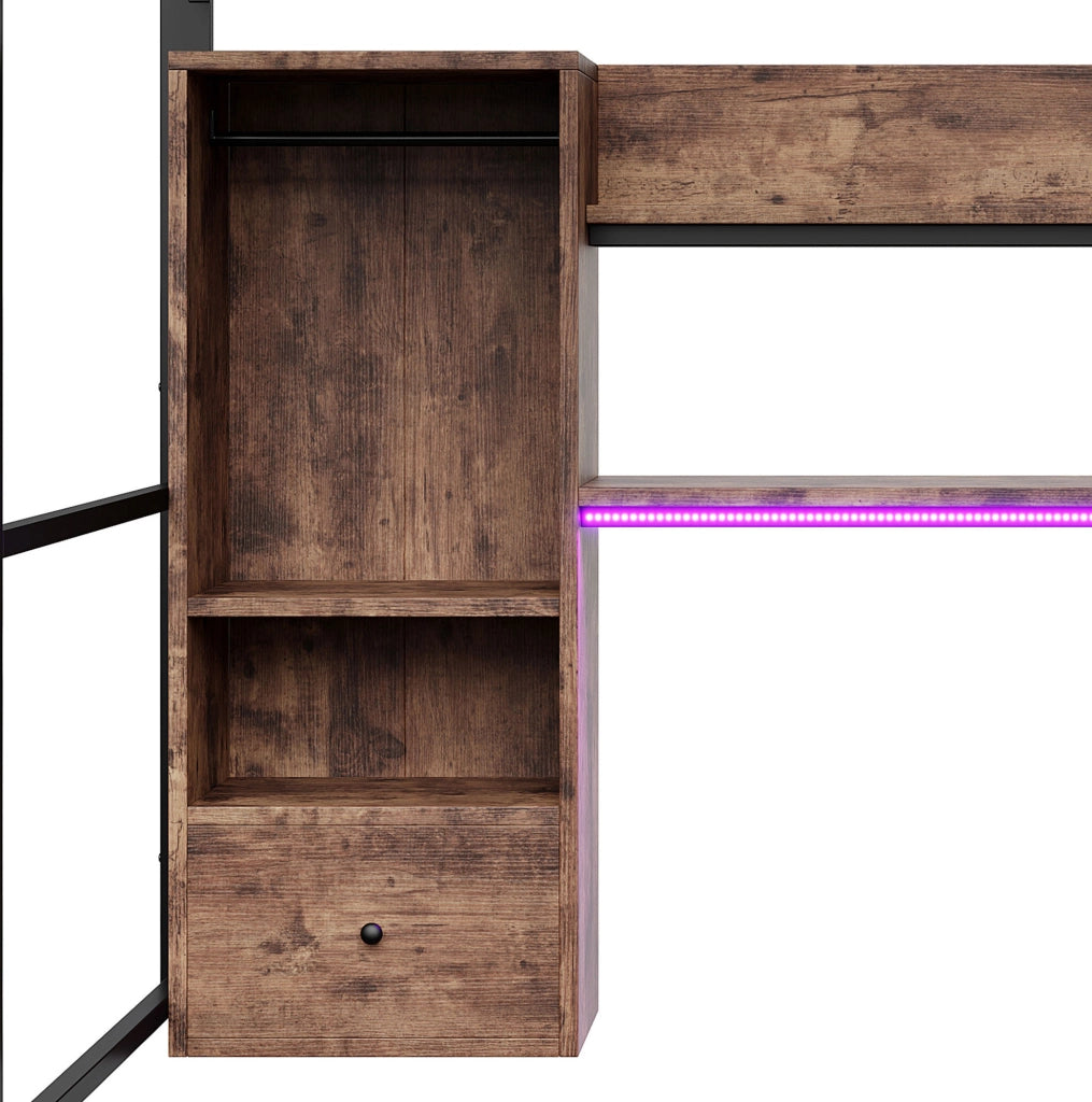 Letto a soppalco 90x200 cm nero con scrivania, LED, cassetto e ripiani