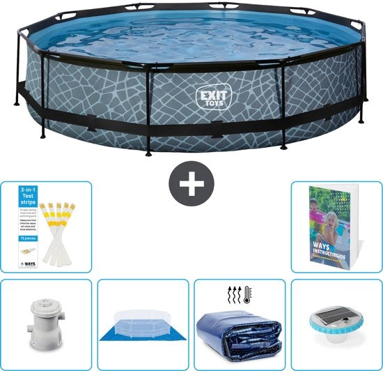 Pavimento Circolare per Piscina - 360 x 76 cm - Incluso Pompello Copertura del Terreno - Velario Solare - Illuminazione - 7 pezzi