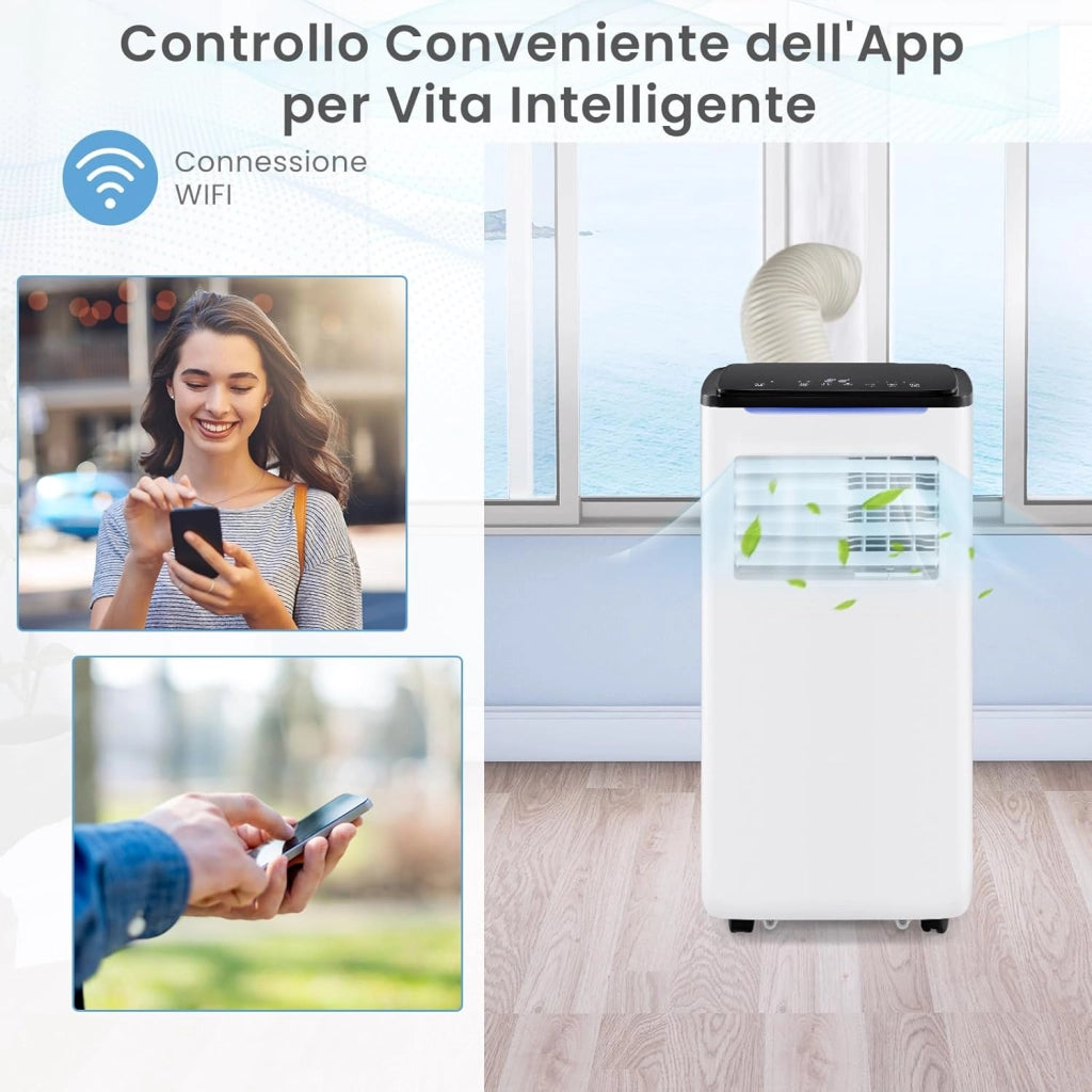 Condizionatore Portatile Caldo e Freddo, 9000BTU/2,6 kW, 5 in 1 con Raffreddamento, Riscaldamento, Ventola, Deumidificazione e Modalità Sonno, 24H Timer, R290