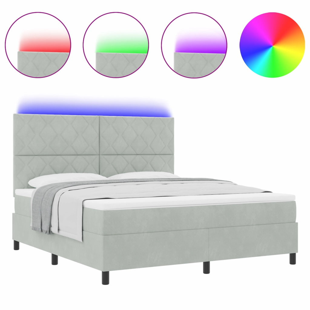 Letto con Rete a Molle e Materasso & Luce LED Grigio Chiaro 180x200 cm Velluto