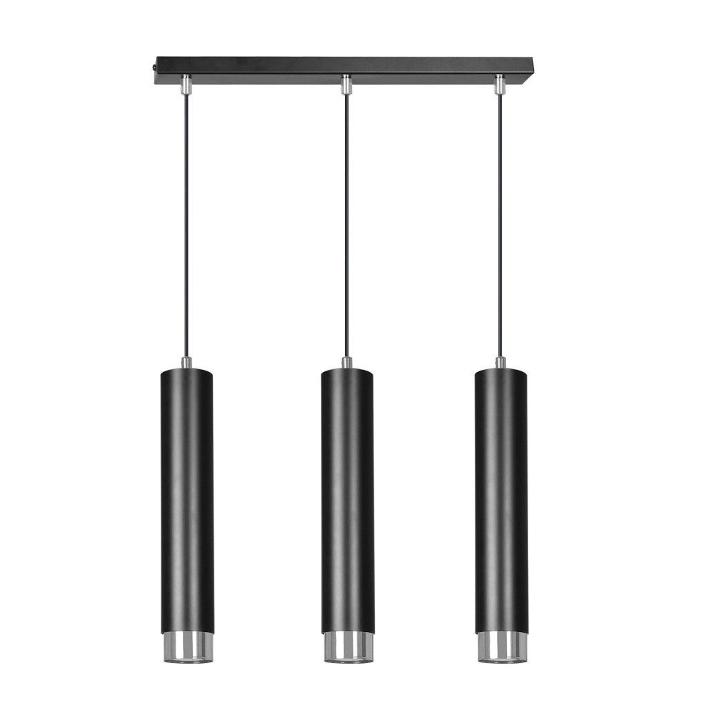 Lampadario 3 Luci Wagner In Acciaio Nero E Tubolari In Nero E Cromo