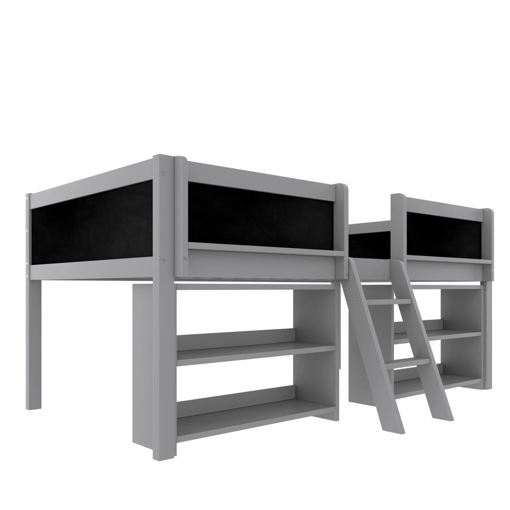 OKWISH Letto a soppalco 90×200 cm, Letto Singolo con Mensole Portaoggetti, Lavagna e Sponda di Sicurezza, senza Materasso, in Pino, Grigio