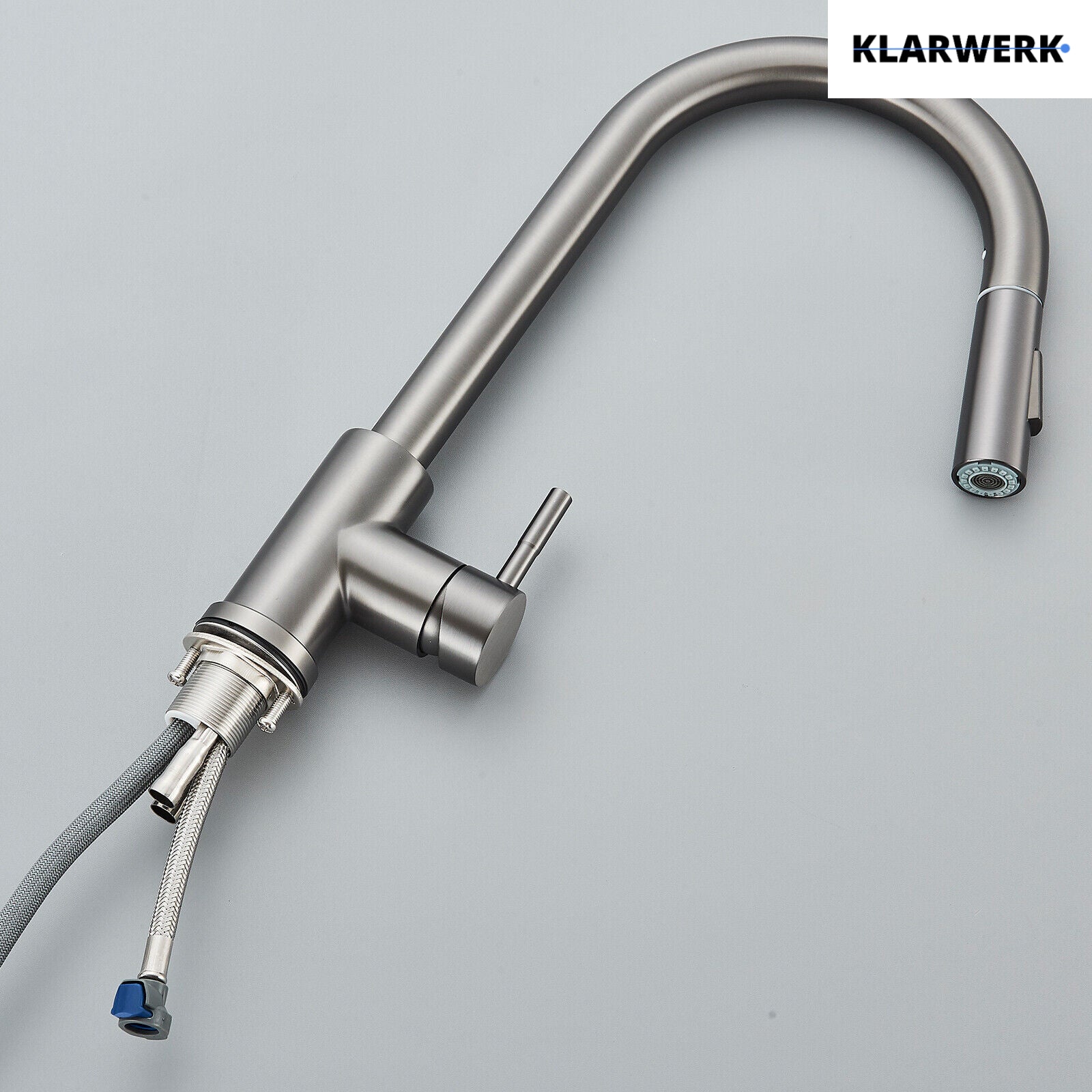 JANA | Rubinetto da cucina estensibile Premium in acciaio inox grigio titanio miscelatore arco alto | alta pressione ruotabile a 360° 2 attacchi