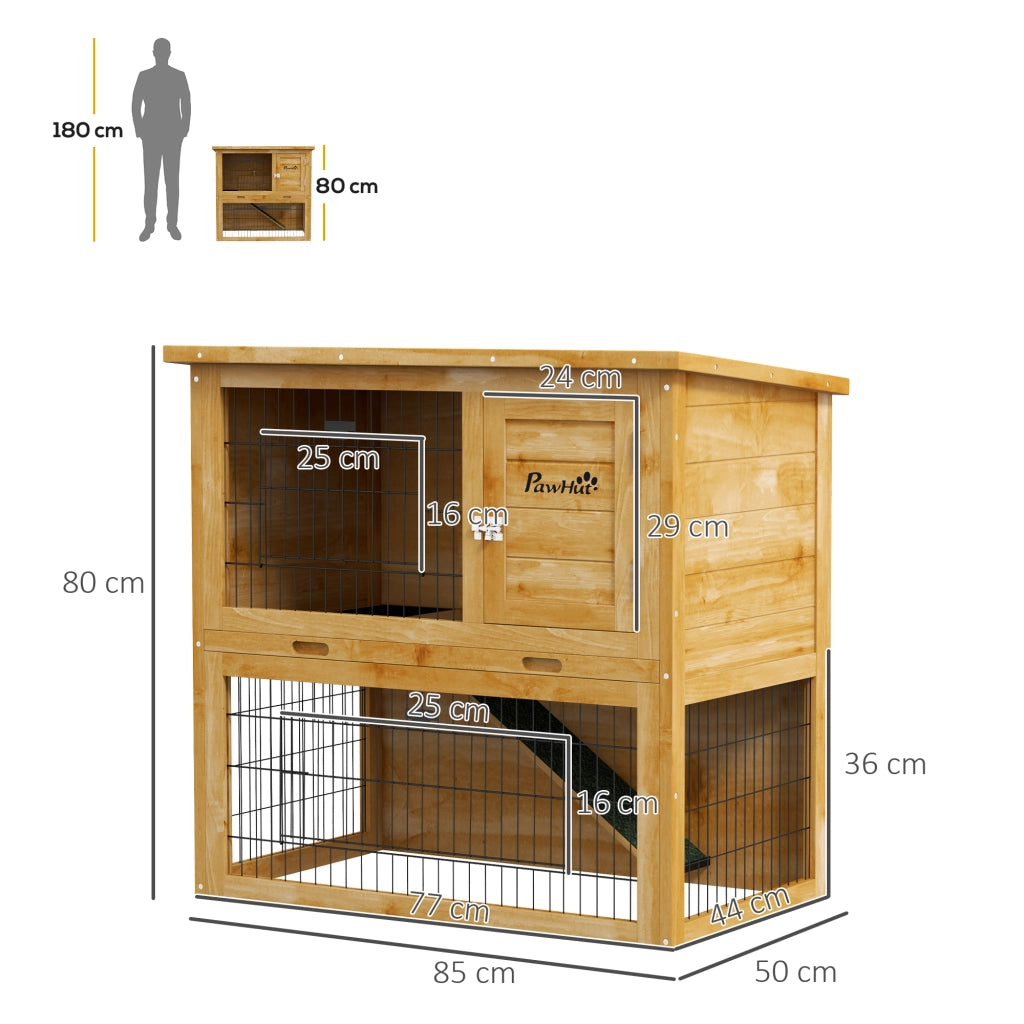 Gabbia conigli legno 2 piani 3 porte vassoio estraibile rampa tetto bitumato 85x50x80 cm giallo