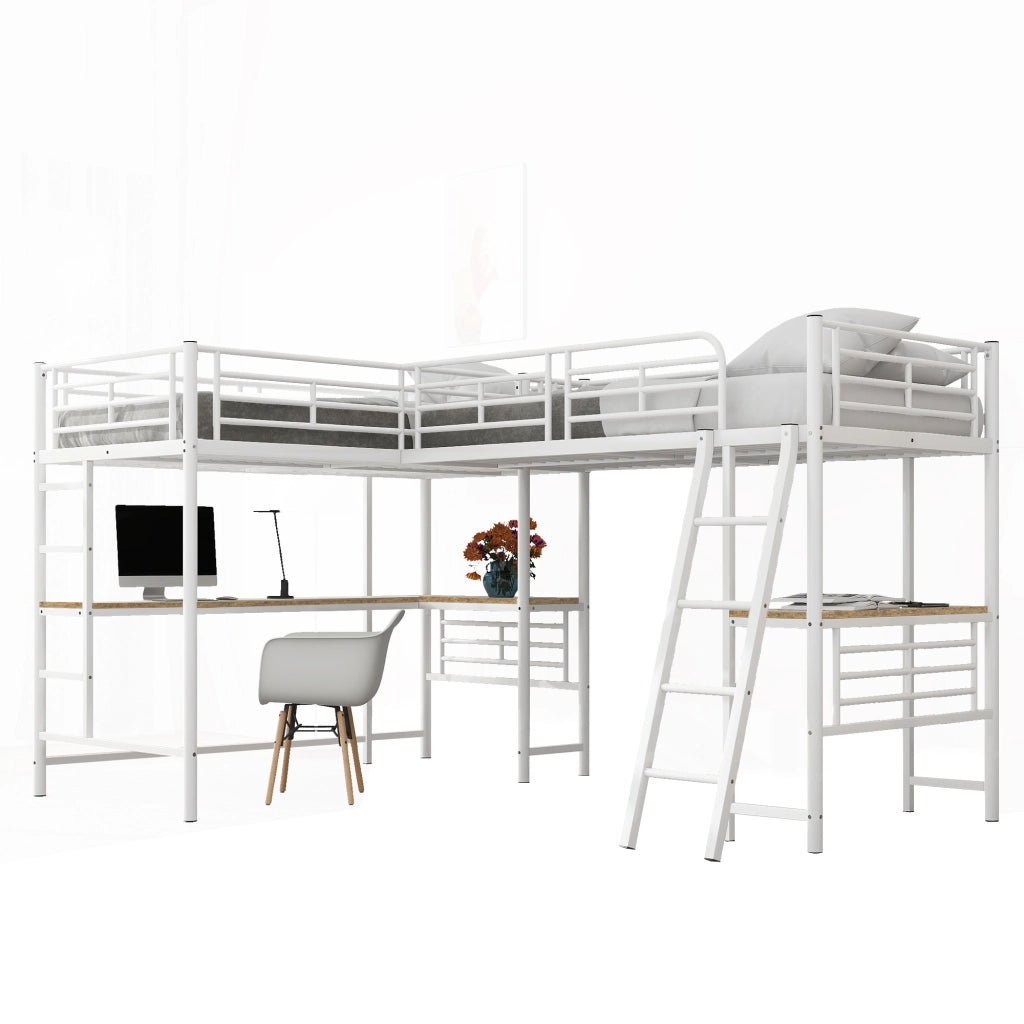 Letto a castello bianco con funzione scrivania in MDF e metallo 90x200 cm