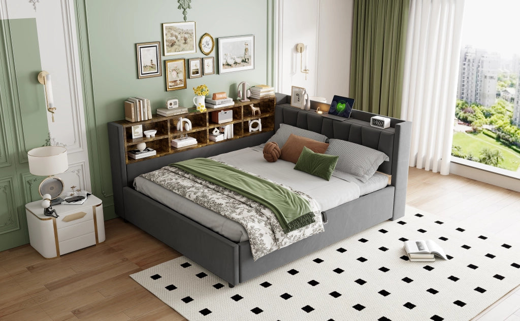 DESMIU Letto contenitore 140 × 200 cm 2 posti con luce LED, USB e Type-C, ripiani e vano idraulico, senza materasso, grigio