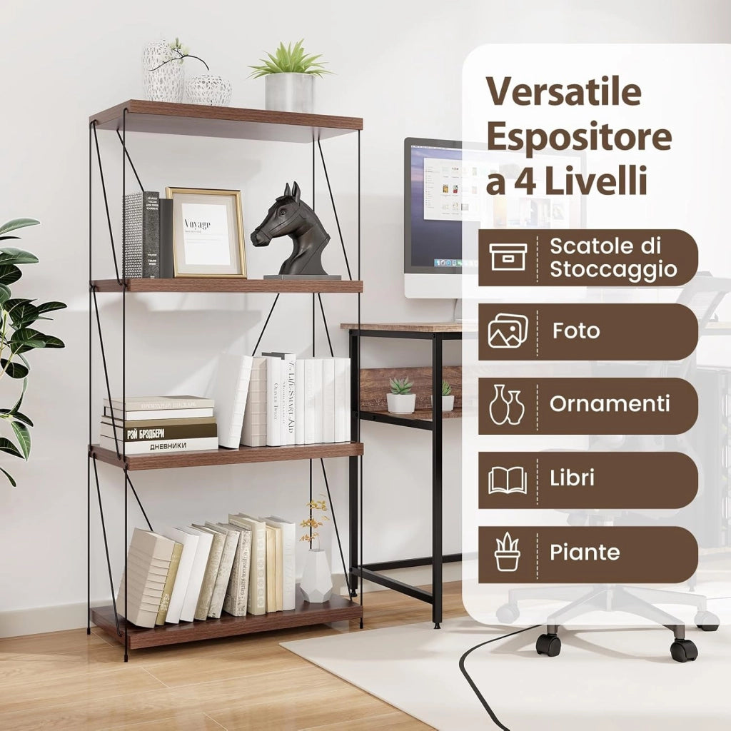 Scaffale Multiuso a 2/3/4/5 Ripiani, Libreria Autoportante con Struttura in Metallo, Stile Industriale, per Camera da Letto, Soggiorno Ufficio Studio (4 Livelli 61x29,5x105 cm)