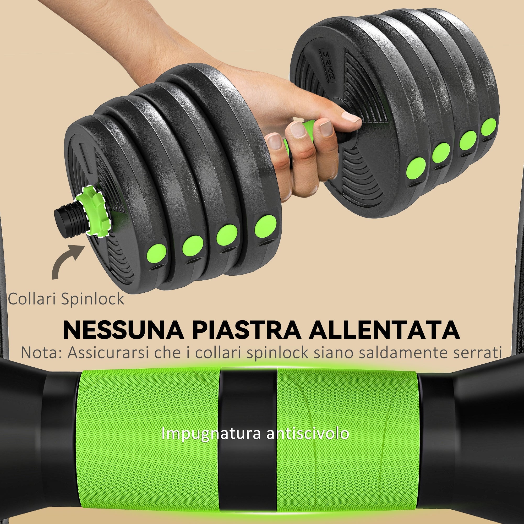Set Bilanciere Pesi 3 in 1 con 16 Dischi Impugnatura Antiscivolo Verde