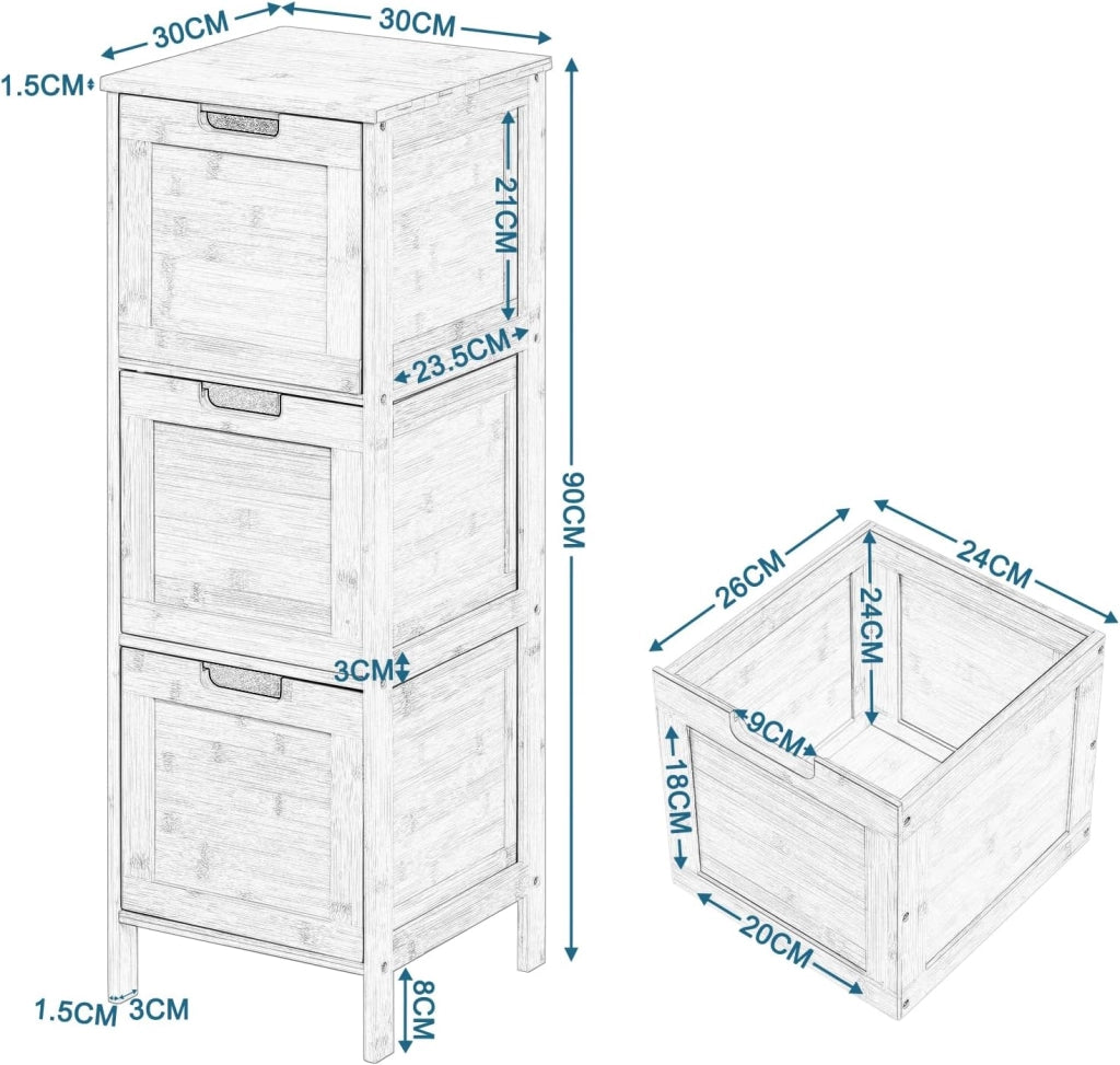 Mobile da Bagno Autoportante, Mobiletto con 3 Cassetti Estraibili, in Bamb, 30x30x90cm, Colore Naturale per Salotto, Camera da Letto, Cucina